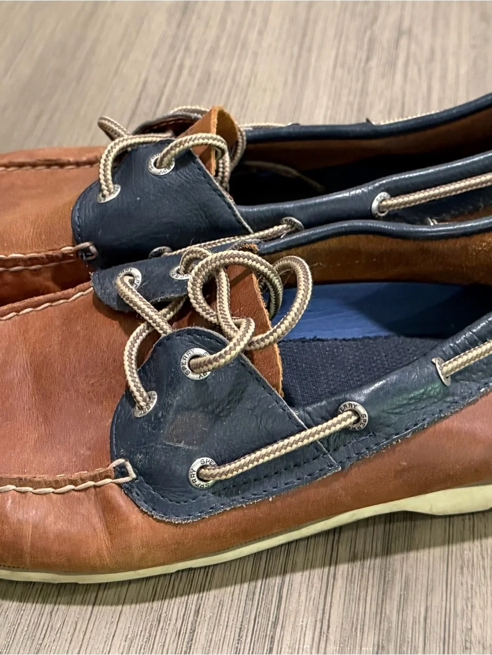Sperry Brown and Navy Leather Moc Toe Boat Shoes